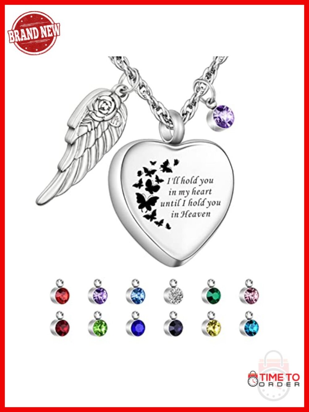 Heart Cremation Urn Necklace With 12 Birthstones - Memorial Ash Pendant
